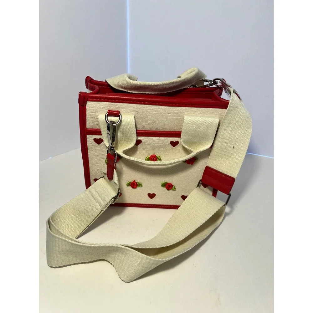 Steve Madden Ivory Canvas Mini Tote Bag Red Rose Heart Embroidery Crossbody